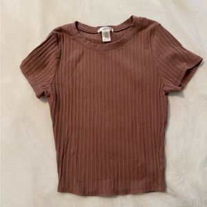 Garage Brown Ribbed Fitted Short Sleeve Cropped Tee